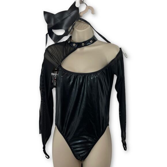 Yandy NEW Bad Kitty Black Sheer Mesh Costume Shiny Mask Tail Bodysuit SZ M/L - Picture 1 of 13